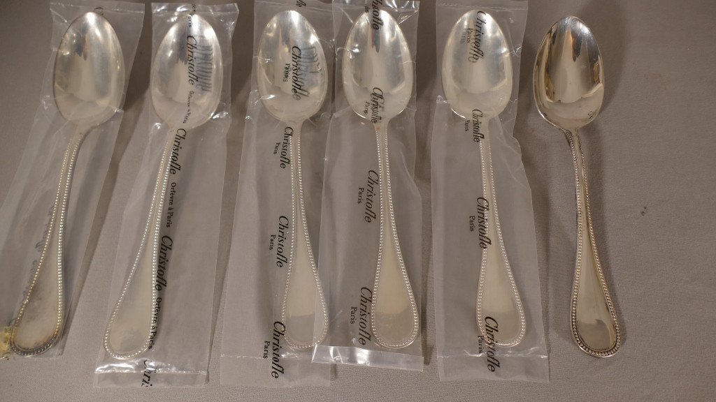 Christofle Perles, 6 Soup Spoons Including 4 In New Blister-photo-2