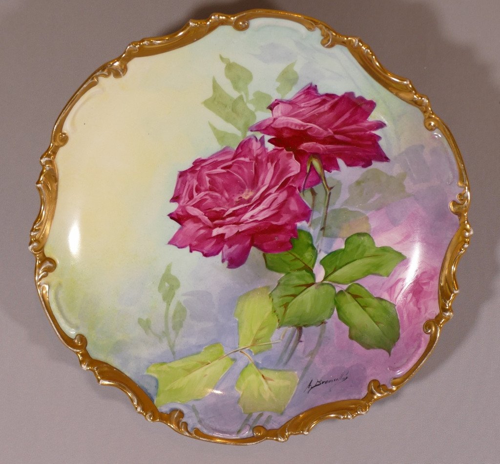 Alfred Broussillon (1856-1922) , Plat Aux Roses En Porcelaine Peinte &agrave; La Main, Limoges