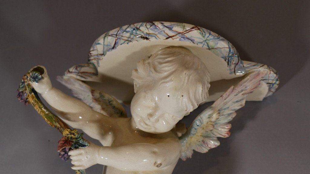 Large Console With Cherub In Glazed Earthenware, XIXth Time-photo-2