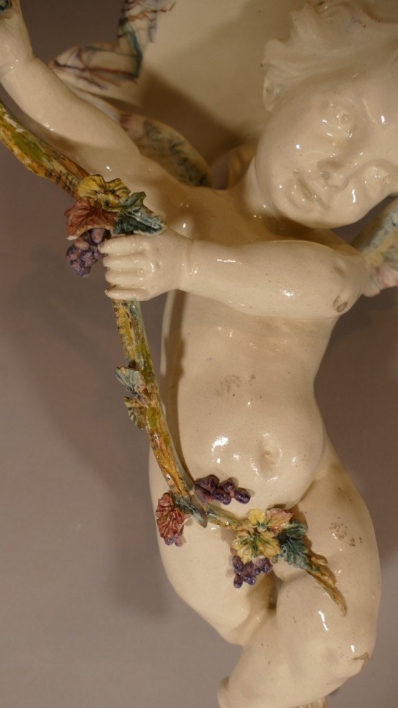 Large Console With Cherub In Glazed Earthenware, XIXth Time-photo-1