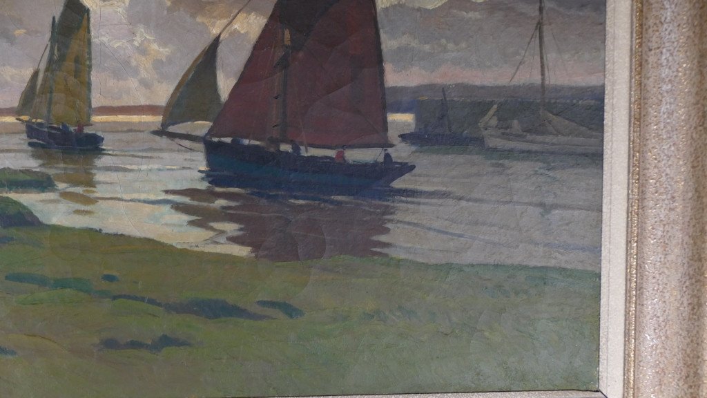 Paul Eschbach (1881-1961), Thoniers Au Port De Concarneau, Huile Sur Toile-photo-4