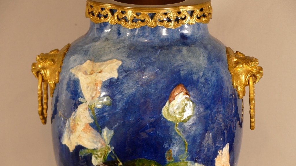 Haviland & Co, Atelier d'Auteuil, Cassolette Vase In Glazed Terracotta And Gilt Bronze XIX-photo-2