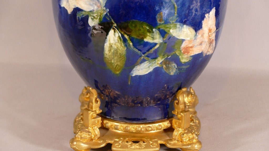 Haviland & Co, Atelier d'Auteuil, Cassolette Vase In Glazed Terracotta And Gilt Bronze XIX-photo-3