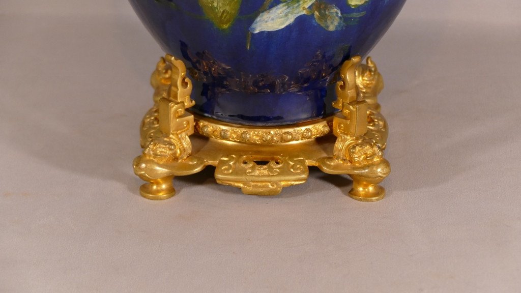 Haviland & Co, Atelier d'Auteuil, Cassolette Vase In Glazed Terracotta And Gilt Bronze XIX-photo-4