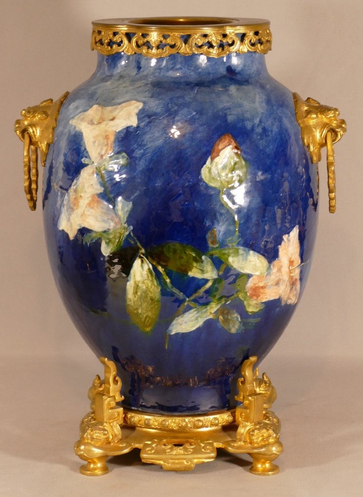 Haviland & Co, Atelier d'Auteuil, Cassolette Vase In Glazed Terracotta And Gilt Bronze XIX