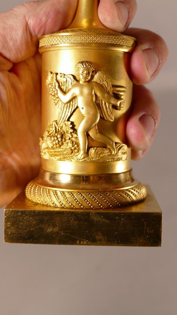 Pair Of Cassolettes Forming Candlesticks In Gilt Bronze Empire Style, Jollet Et Cie-photo-5