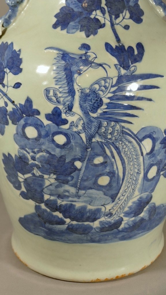 Vase Chinois Au Phoenix En Porcelaine Céladon Et Bleu époque XIX ème-photo-2