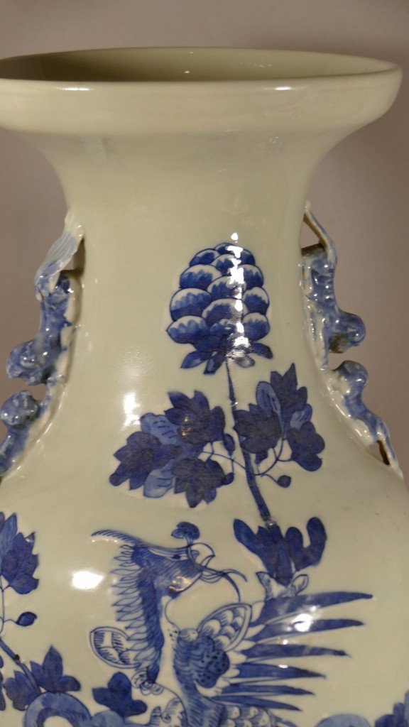 Vase Chinois Au Phoenix En Porcelaine Céladon Et Bleu époque XIX ème-photo-3