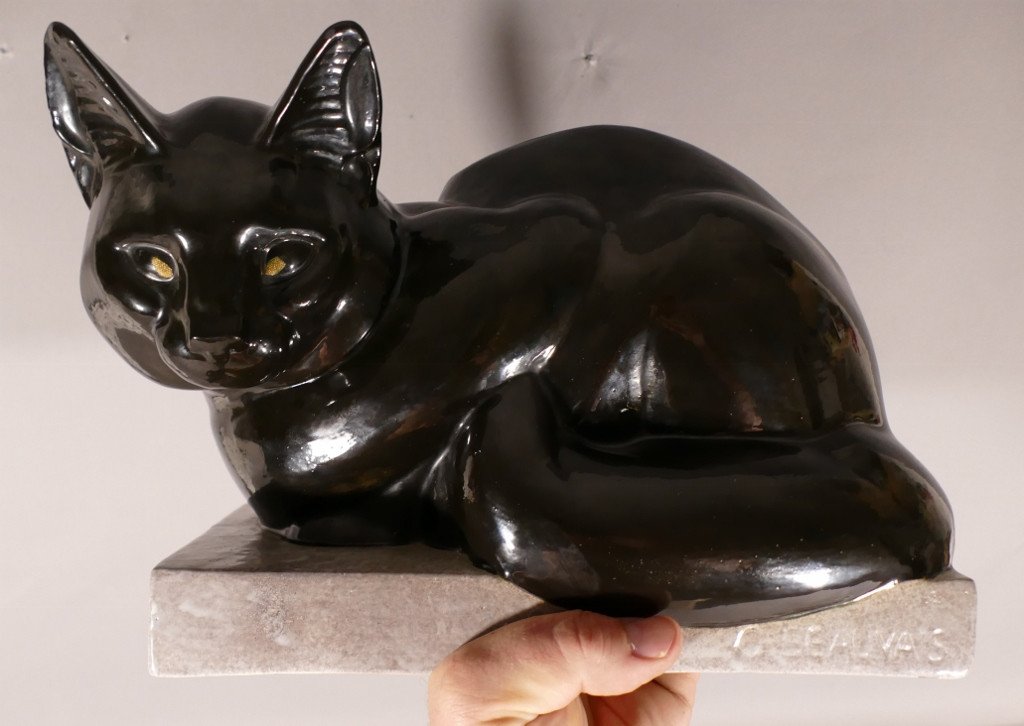 Proantic: Le Chat, Sculpture En Terre Cuite émaillée Gabriel Beauvai
