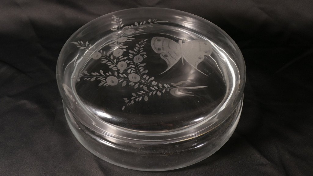 Grande Boîte Plate En Verre Gravé De Papillon Et Fleurs, époque Début XX ème