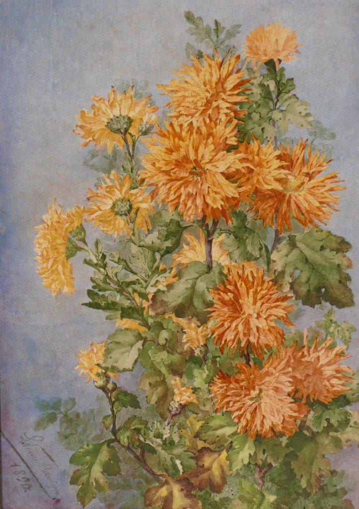 Les Dahlias, Table Large Hand Painted Porcelain Plate Dated 1890, L Vernet Lavigne-photo-2