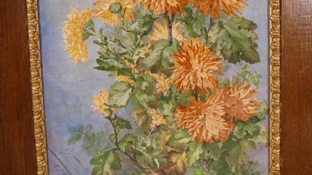Les Dahlias, Table Large Hand Painted Porcelain Plate Dated 1890, L Vernet Lavigne-photo-4