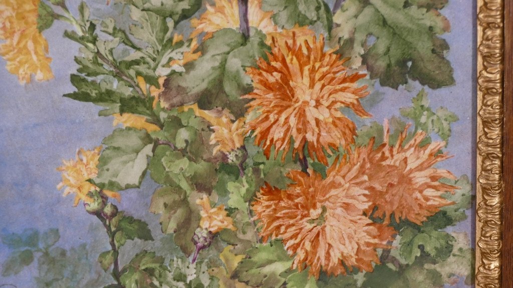 Les Dahlias, Table Large Hand Painted Porcelain Plate Dated 1890, L Vernet Lavigne-photo-2