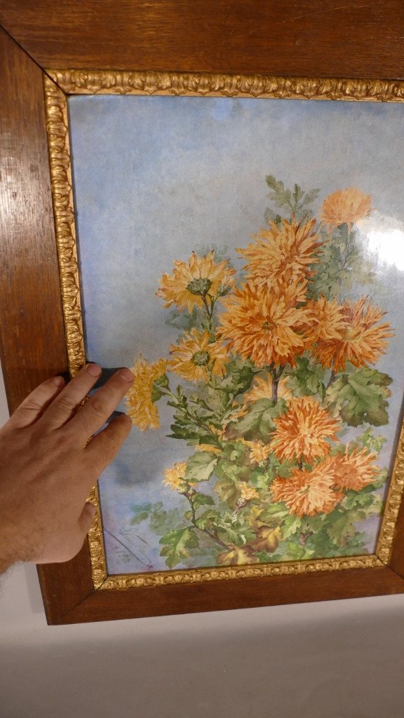 Les Dahlias, Table Large Hand Painted Porcelain Plate Dated 1890, L Vernet Lavigne-photo-7