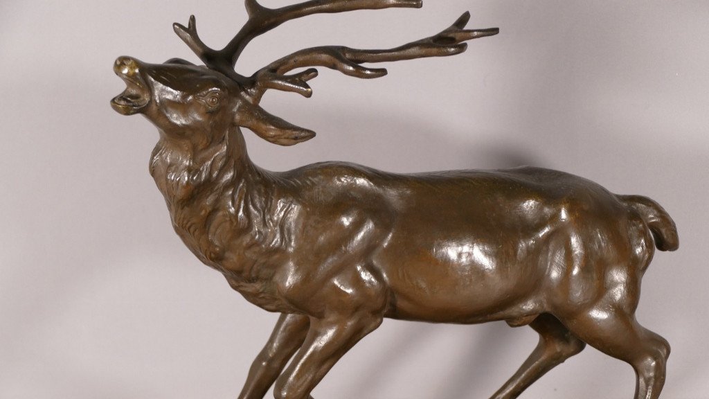 Nino De Fiésole, Bronze Animalier, Cerf Bramant, Sculpture Animalière, Début XX ème-photo-1
