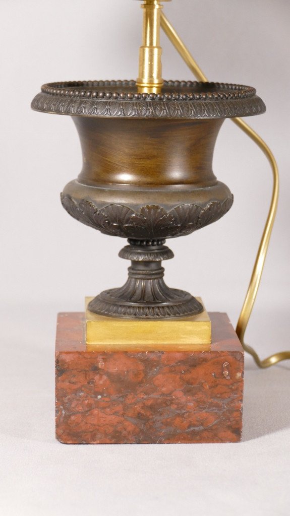 Lampe Charles X En Bronze Patiné Et Doré, Vase Médicis, XIX ème-photo-2
