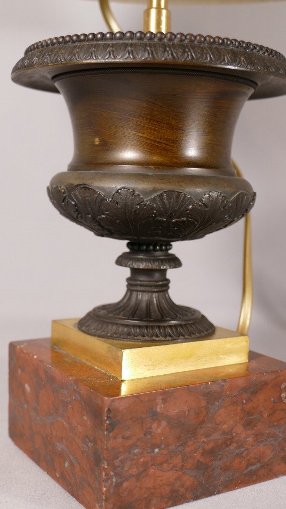 Lampe Charles X En Bronze Patiné Et Doré, Vase Médicis, XIX ème-photo-4