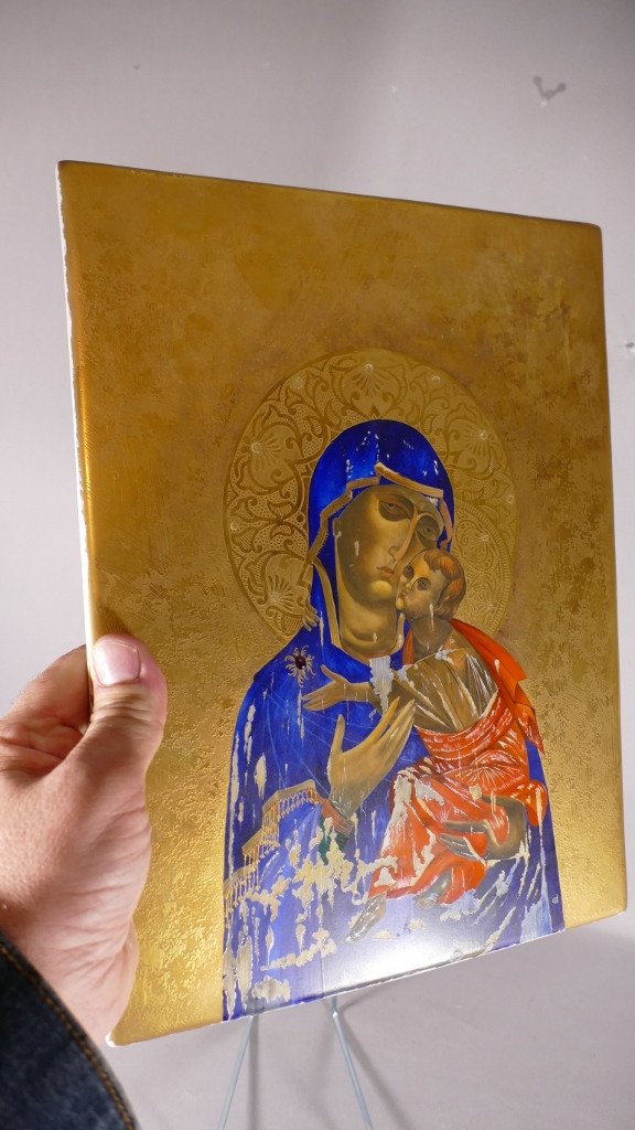 Icône Vierge En Porcelaine , Plaque Peinte à La Main En Incrustation d'Or, Limoges Vers 1930-photo-7