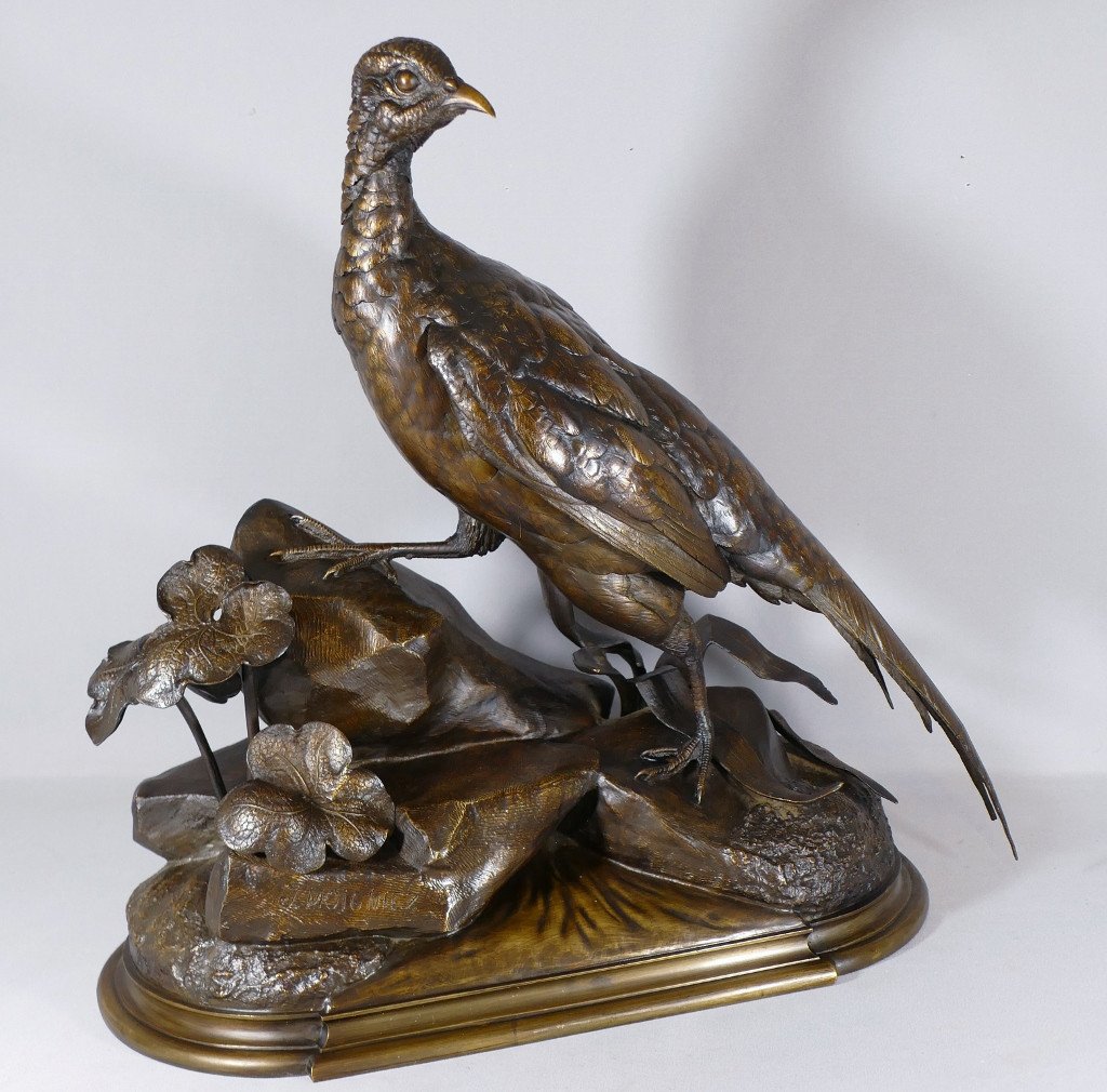 Jules Moigniez, Grand Bronze Animalier La Poule Faisane, Faisan, XIX ème