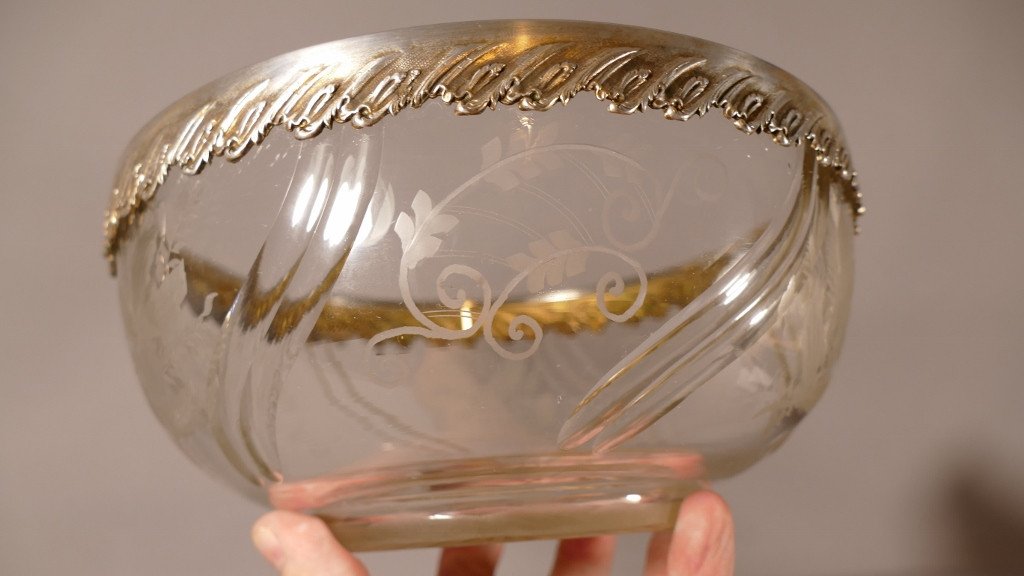 Crystal Salad Bowl Engraved With Flowers And Foliage, Circled Silver Metal, XIX-photo-3