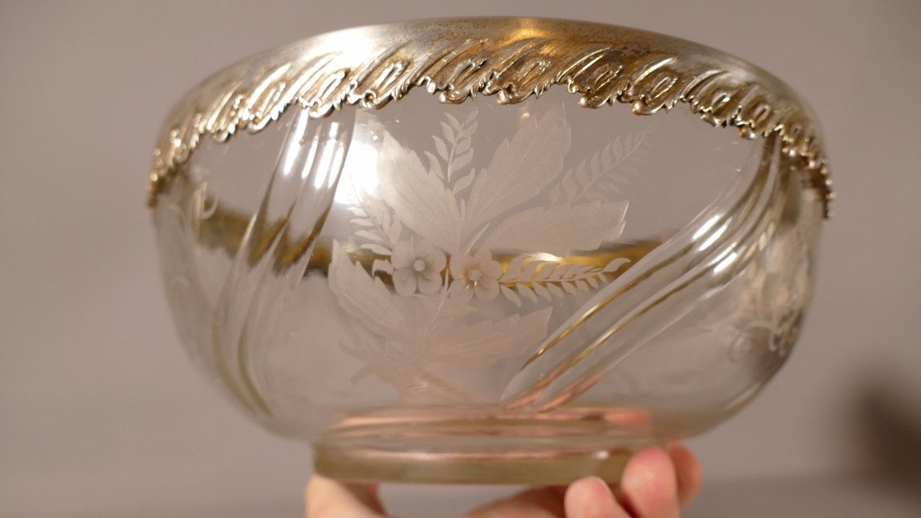 Crystal Salad Bowl Engraved With Flowers And Foliage, Circled Silver Metal, XIX-photo-1