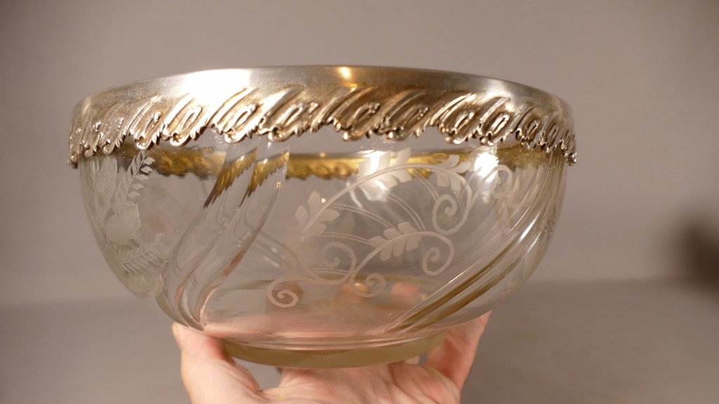 Crystal Salad Bowl Engraved With Flowers And Foliage, Circled Silver Metal, XIX-photo-3