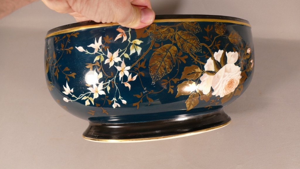 Jardinière En Porcelaine Aux Roses Sur Fond Noir, Limoges, Fin XIX ème-photo-5