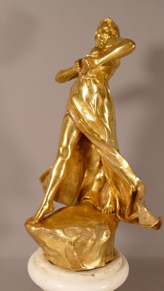 Pierre Félix Fix-masseau (1869-1937), Petite Folle, Gilt Bronze Statuette On Marble Base-photo-3