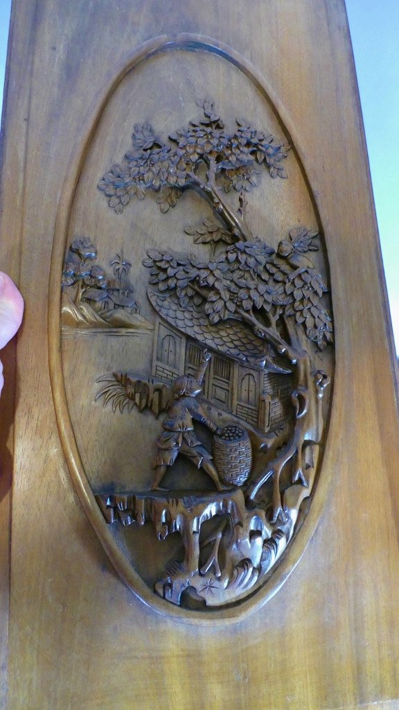 Pair Of Indochinese Panels In Rosewood Carved With Characters And Landscape, XIX-photo-2
