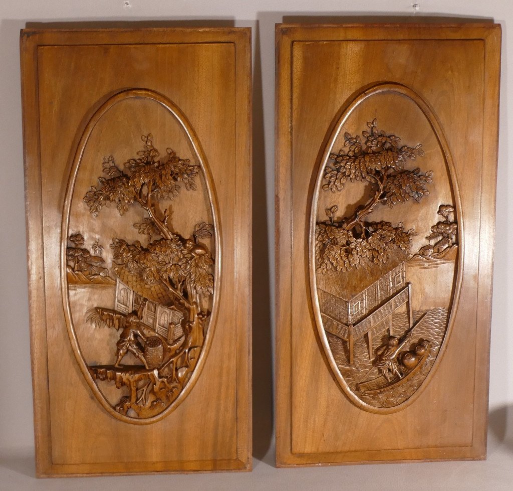 Pair Of Indochinese Panels In Rosewood Carved With Characters And Landscape, XIX