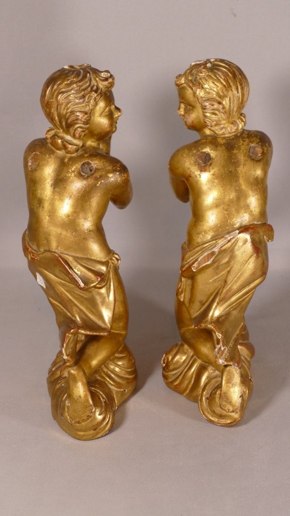 Paire d'Anges En Bois Sculpté Et Doré à La Feuille, époque XVIII ème Siècle-photo-2