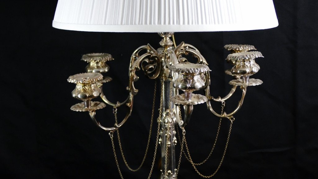 Large Candelabra Lamp With 7 Lights In Silver Lined Metal, England, Mid-19th Century-photo-2