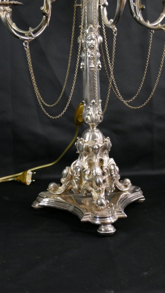 Large Candelabra Lamp With 7 Lights In Silver Lined Metal, England, Mid-19th Century-photo-2