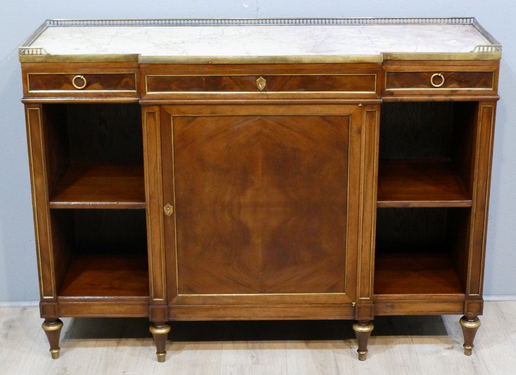 Buffet Sideboard Louis XVI In Mahogany, Nets Brass And Marble, XIXth Time