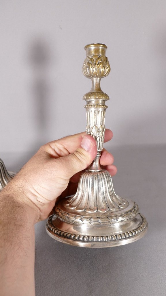Paire De Flambeaux Bronze Argenté Style Louis XVI, époque Début XIX ème-photo-3