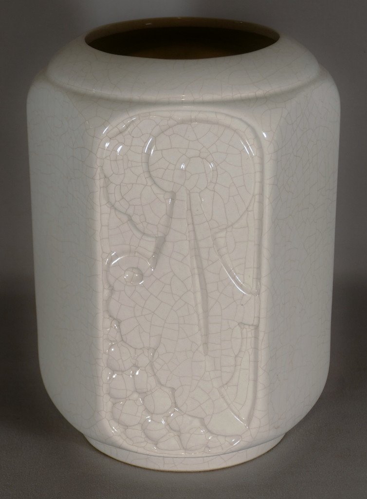 Vase Art Déco En Faïence Craquelée, Motif Géométrique Vers 1930