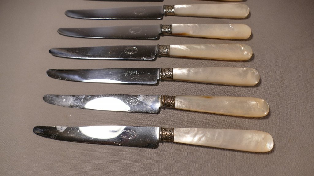 12 Table Knives In Mother Of Pearl Jules Piault Paris, Late 19th Century-photo-2