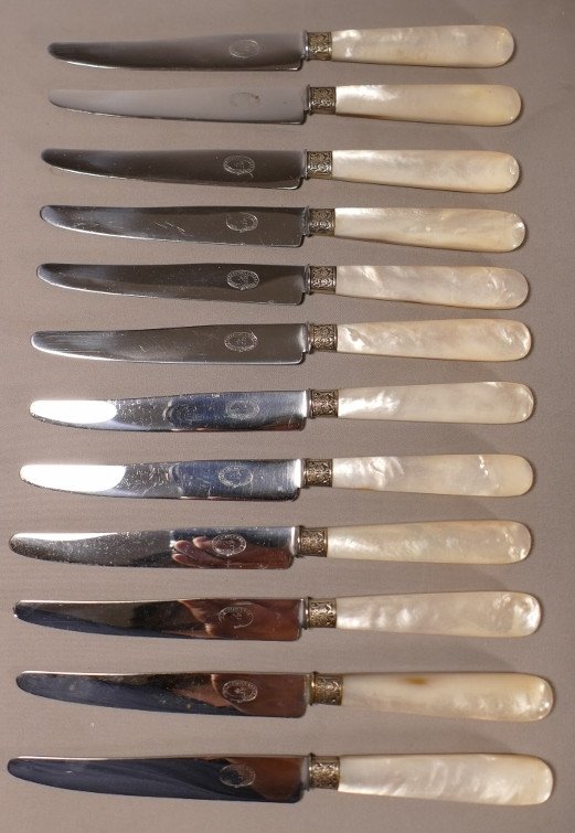 12 Table Knives In Mother Of Pearl Jules Piault Paris, Late 19th Century
