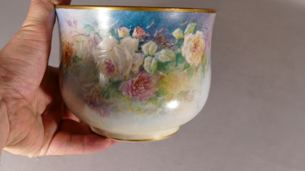 Cache Pot Aux Roses, Limoges Porcelain Hand Painted, Marcadet, Early 20th Century-photo-2