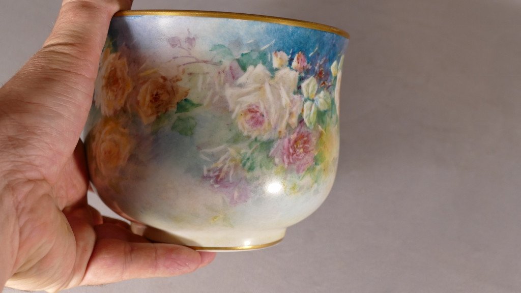 Cache Pot Aux Roses, Limoges Porcelain Hand Painted, Marcadet, Early 20th Century-photo-3