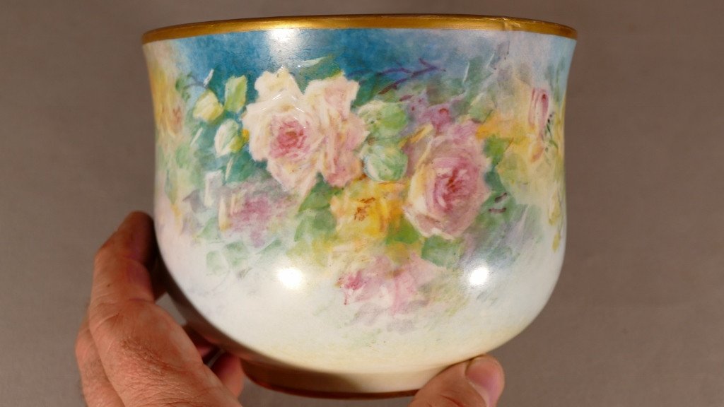 Cache Pot Aux Roses, Limoges Porcelain Hand Painted, Marcadet, Early 20th Century-photo-1