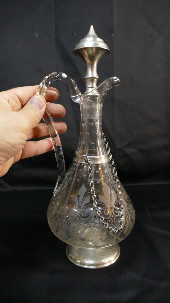 Carafe En Cristal Gravé Et Argent Massif époque XIX ème Siècle-photo-7