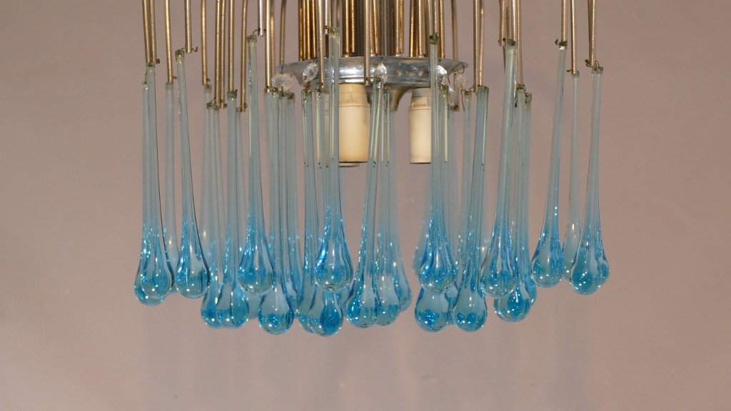 Lustre Plafonnier Cascade Gouttes Bleu En Verre De Murano, Années 60-photo-3