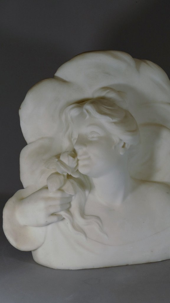 Sculpture En Marbre, Buste De Femme à La Rose, Art Nouveau époque Fin XIX ème -photo-3