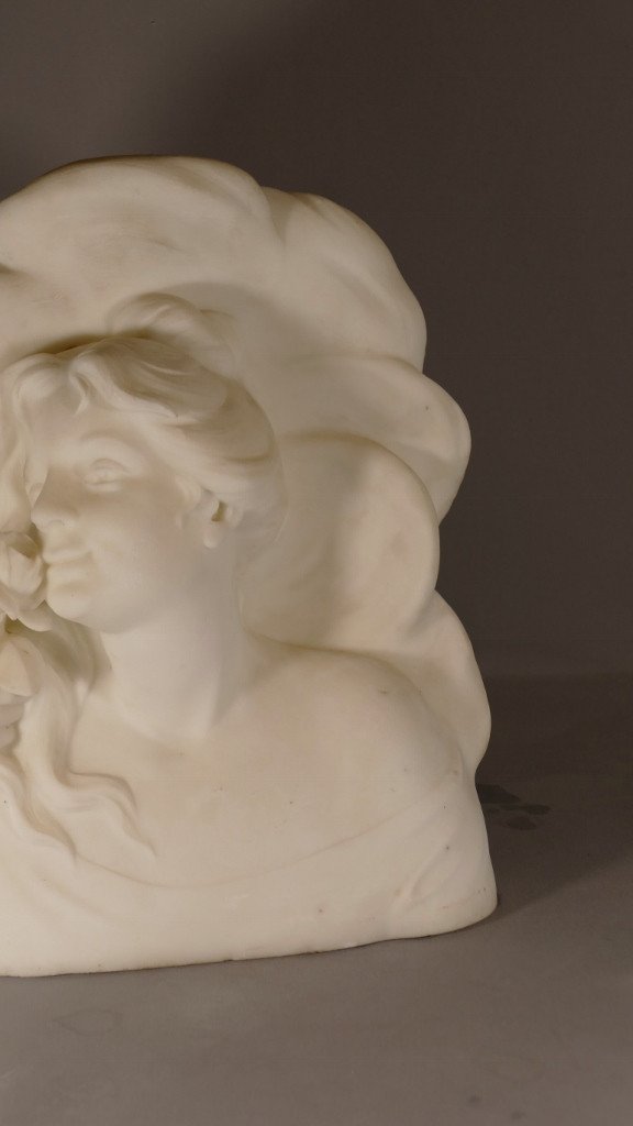 Sculpture En Marbre, Buste De Femme à La Rose, Art Nouveau époque Fin XIX ème -photo-4