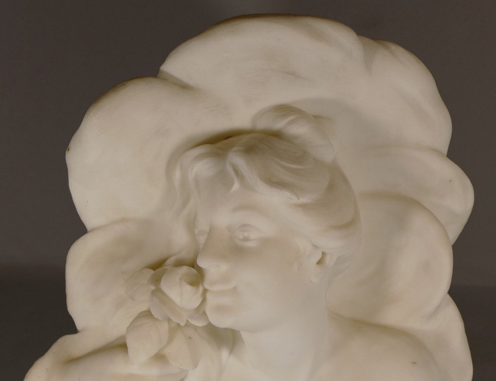 Sculpture En Marbre, Buste De Femme à La Rose, Art Nouveau époque Fin XIX ème -photo-1