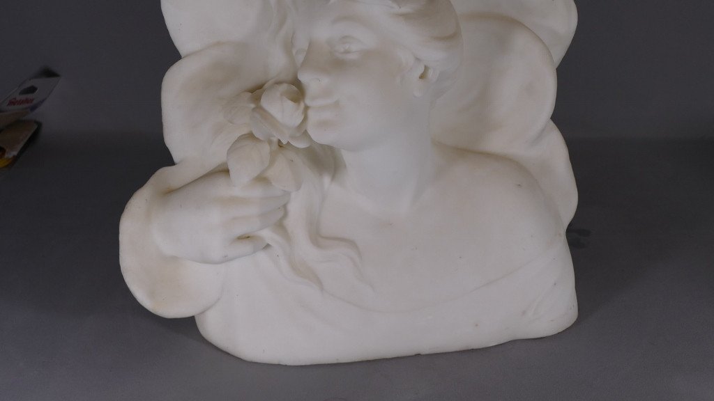 Sculpture En Marbre, Buste De Femme à La Rose, Art Nouveau époque Fin XIX ème -photo-3