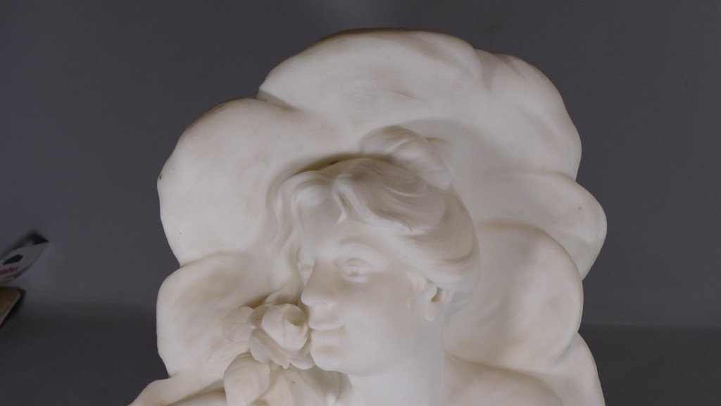 Sculpture En Marbre, Buste De Femme à La Rose, Art Nouveau époque Fin XIX ème -photo-4