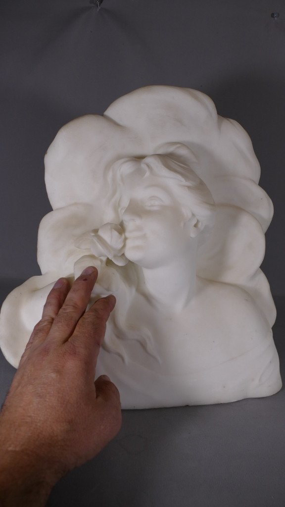 Sculpture En Marbre, Buste De Femme à La Rose, Art Nouveau époque Fin XIX ème -photo-6