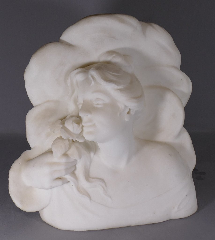 Sculpture En Marbre, Buste De Femme à La Rose, Art Nouveau époque Fin XIX ème 